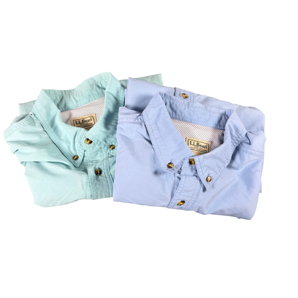 Lot of 2 LL Bean Mens Short Sleeve Fishing Shirts Blue Mint Green Vent Back L
